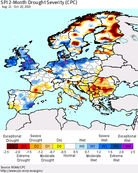 Europe SPI 2-Month Drought Severity (CPC) Thematic Map For 8/21/2019 - 10/20/2019