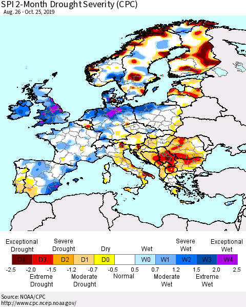 Europe SPI 2-Month Drought Severity (CPC) Thematic Map For 8/26/2019 - 10/25/2019