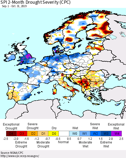 Europe SPI 2-Month Drought Severity (CPC) Thematic Map For 9/1/2019 - 10/31/2019