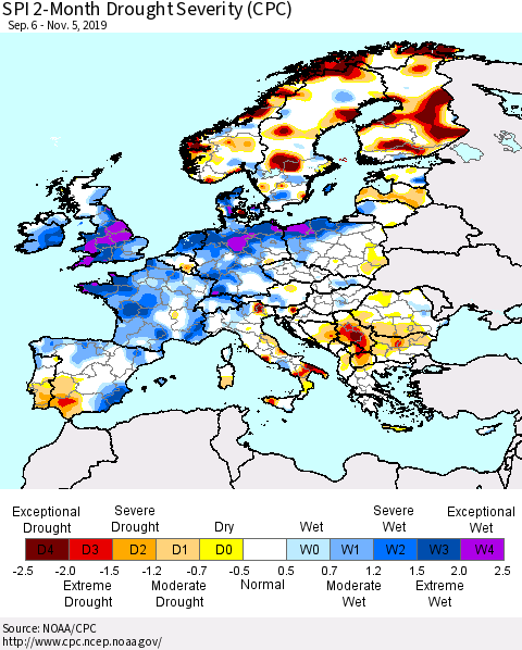 Europe SPI 2-Month Drought Severity (CPC) Thematic Map For 9/6/2019 - 11/5/2019