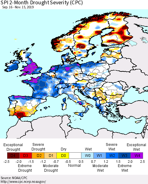 Europe SPI 2-Month Drought Severity (CPC) Thematic Map For 9/16/2019 - 11/15/2019