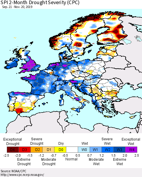 Europe SPI 2-Month Drought Severity (CPC) Thematic Map For 9/21/2019 - 11/20/2019
