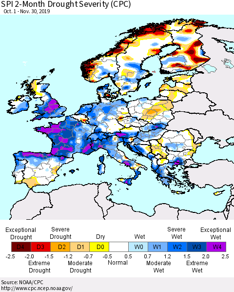 Europe SPI 2-Month Drought Severity (CPC) Thematic Map For 10/1/2019 - 11/30/2019