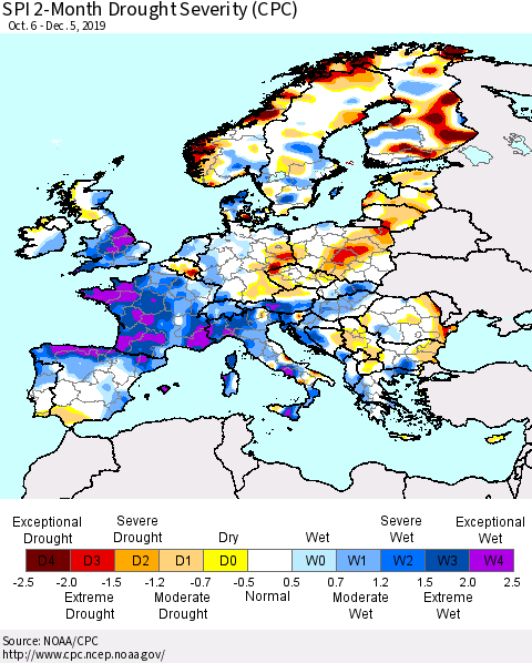Europe SPI 2-Month Drought Severity (CPC) Thematic Map For 10/6/2019 - 12/5/2019