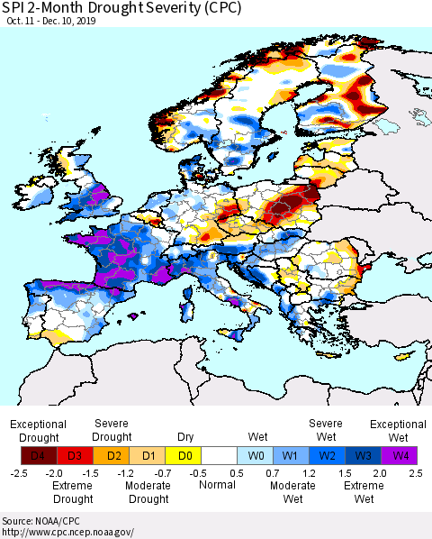 Europe SPI 2-Month Drought Severity (CPC) Thematic Map For 10/11/2019 - 12/10/2019