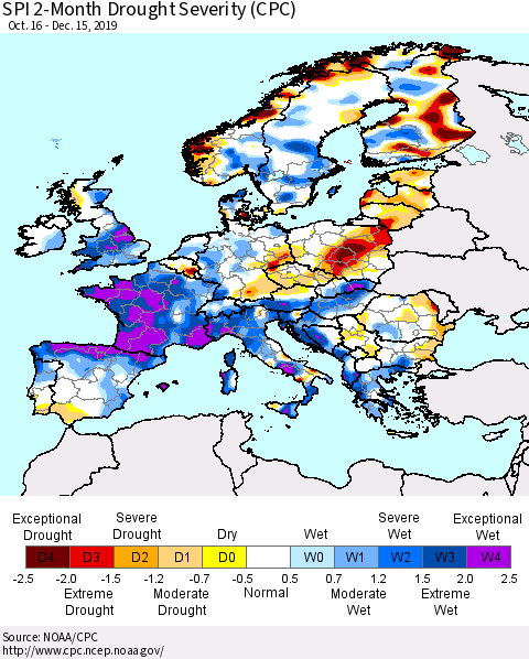 Europe SPI 2-Month Drought Severity (CPC) Thematic Map For 10/16/2019 - 12/15/2019