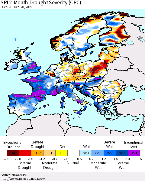 Europe SPI 2-Month Drought Severity (CPC) Thematic Map For 10/21/2019 - 12/20/2019