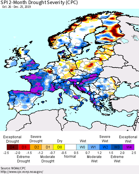 Europe SPI 2-Month Drought Severity (CPC) Thematic Map For 10/26/2019 - 12/25/2019