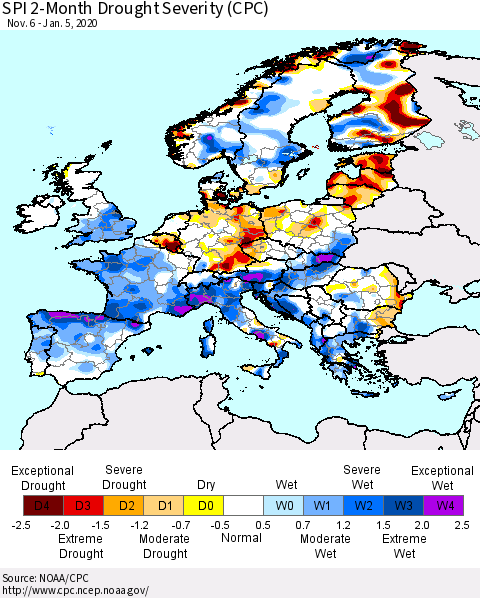 Europe SPI 2-Month Drought Severity (CPC) Thematic Map For 11/6/2019 - 1/5/2020