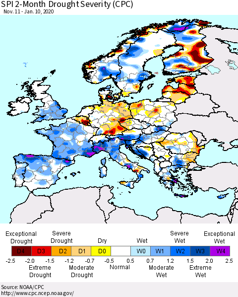 Europe SPI 2-Month Drought Severity (CPC) Thematic Map For 11/11/2019 - 1/10/2020