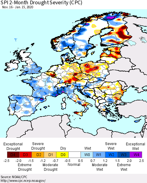 Europe SPI 2-Month Drought Severity (CPC) Thematic Map For 11/16/2019 - 1/15/2020