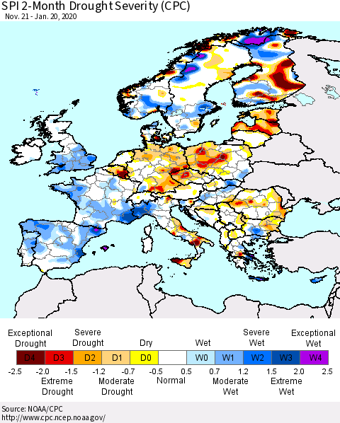 Europe SPI 2-Month Drought Severity (CPC) Thematic Map For 11/21/2019 - 1/20/2020
