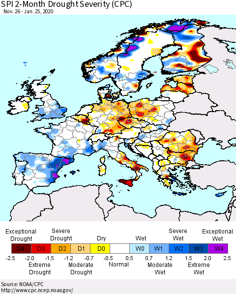 Europe SPI 2-Month Drought Severity (CPC) Thematic Map For 11/26/2019 - 1/25/2020