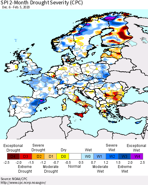 Europe SPI 2-Month Drought Severity (CPC) Thematic Map For 12/6/2019 - 2/5/2020
