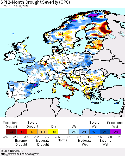 Europe SPI 2-Month Drought Severity (CPC) Thematic Map For 12/11/2019 - 2/10/2020