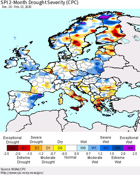 Europe SPI 2-Month Drought Severity (CPC) Thematic Map For 12/16/2019 - 2/15/2020