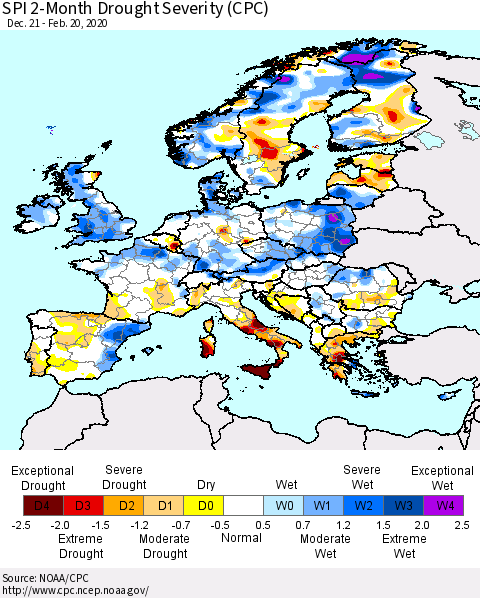Europe SPI 2-Month Drought Severity (CPC) Thematic Map For 12/21/2019 - 2/20/2020