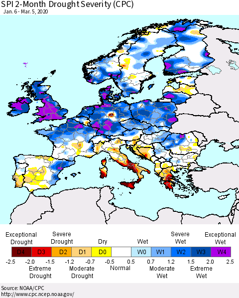 Europe SPI 2-Month Drought Severity (CPC) Thematic Map For 1/6/2020 - 3/5/2020