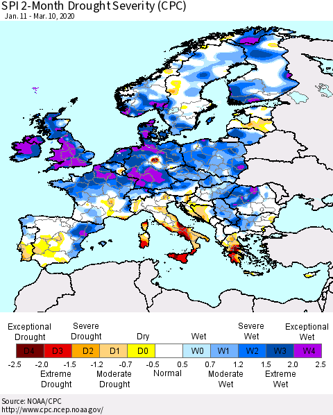 Europe SPI 2-Month Drought Severity (CPC) Thematic Map For 1/11/2020 - 3/10/2020