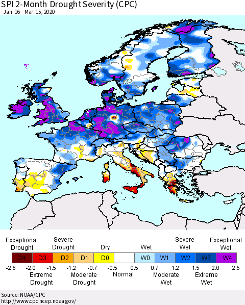 Europe SPI 2-Month Drought Severity (CPC) Thematic Map For 1/16/2020 - 3/15/2020