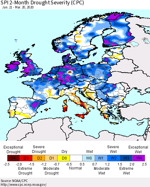 Europe SPI 2-Month Drought Severity (CPC) Thematic Map For 1/21/2020 - 3/20/2020