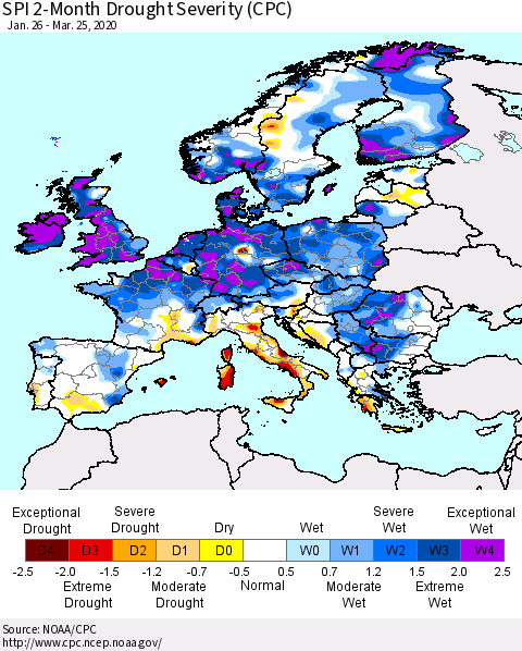 Europe SPI 2-Month Drought Severity (CPC) Thematic Map For 1/26/2020 - 3/25/2020