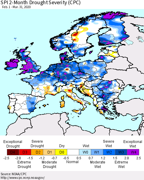 Europe SPI 2-Month Drought Severity (CPC) Thematic Map For 2/1/2020 - 3/31/2020