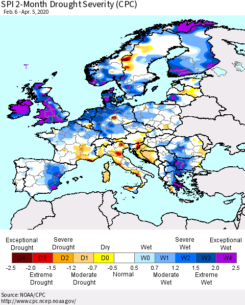 Europe SPI 2-Month Drought Severity (CPC) Thematic Map For 2/6/2020 - 4/5/2020