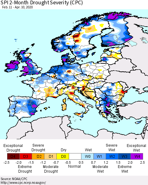 Europe SPI 2-Month Drought Severity (CPC) Thematic Map For 2/11/2020 - 4/10/2020