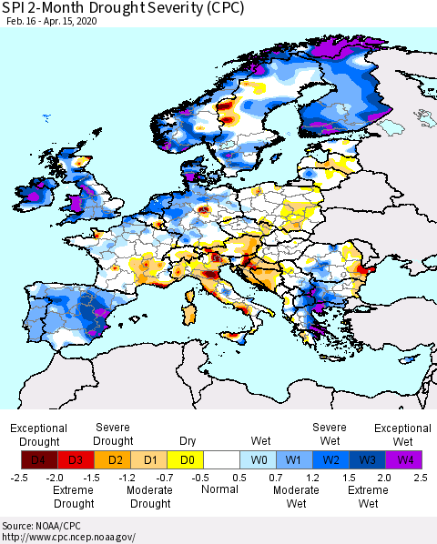Europe SPI 2-Month Drought Severity (CPC) Thematic Map For 2/16/2020 - 4/15/2020