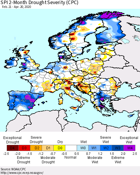 Europe SPI 2-Month Drought Severity (CPC) Thematic Map For 2/21/2020 - 4/20/2020