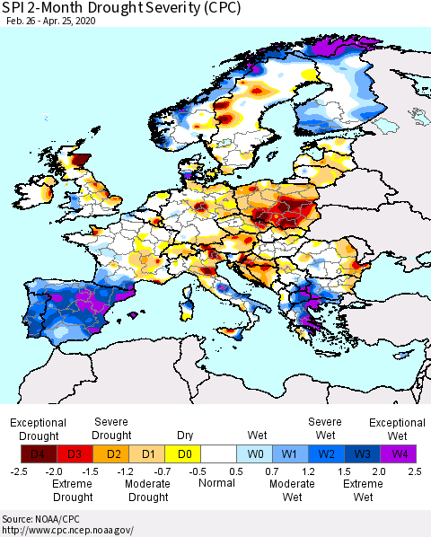 Europe SPI 2-Month Drought Severity (CPC) Thematic Map For 2/26/2020 - 4/25/2020