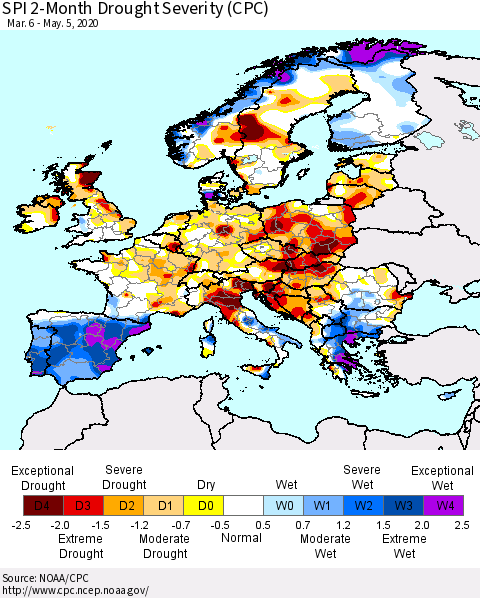 Europe SPI 2-Month Drought Severity (CPC) Thematic Map For 3/6/2020 - 5/5/2020