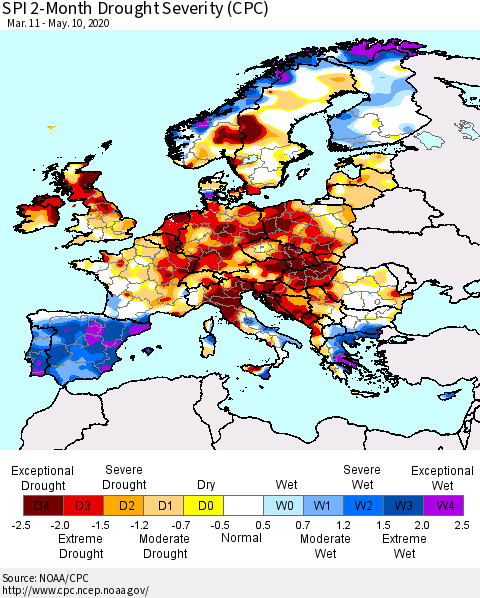 Europe SPI 2-Month Drought Severity (CPC) Thematic Map For 3/11/2020 - 5/10/2020