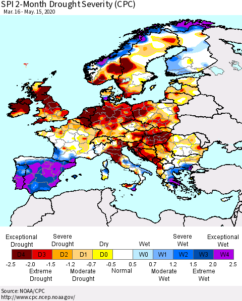 Europe SPI 2-Month Drought Severity (CPC) Thematic Map For 3/16/2020 - 5/15/2020