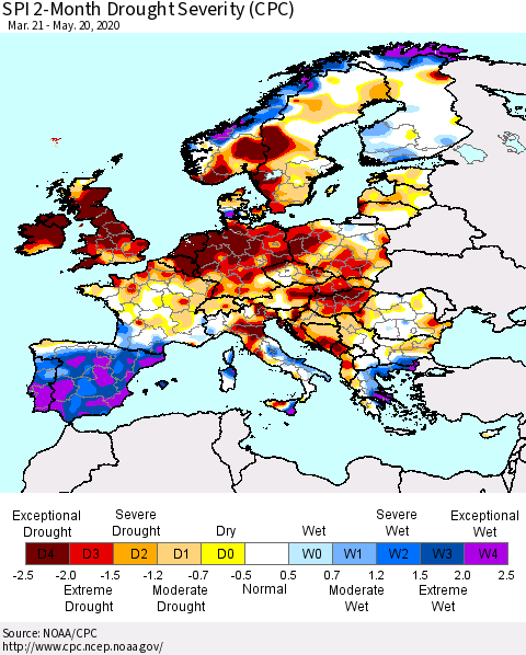 Europe SPI 2-Month Drought Severity (CPC) Thematic Map For 3/21/2020 - 5/20/2020