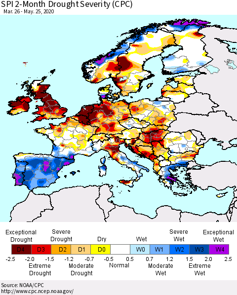 Europe SPI 2-Month Drought Severity (CPC) Thematic Map For 3/26/2020 - 5/25/2020
