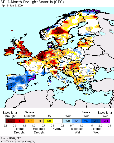 Europe SPI 2-Month Drought Severity (CPC) Thematic Map For 4/6/2020 - 6/5/2020