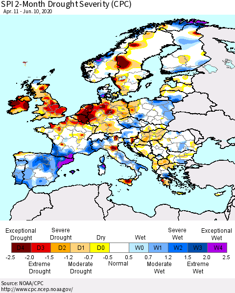 Europe SPI 2-Month Drought Severity (CPC) Thematic Map For 4/11/2020 - 6/10/2020