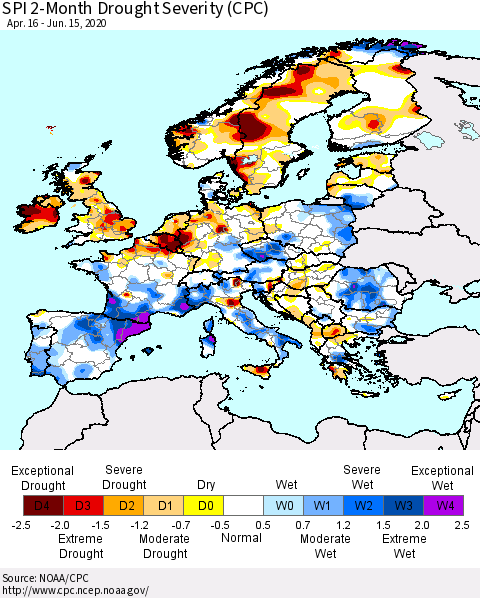 Europe SPI 2-Month Drought Severity (CPC) Thematic Map For 4/16/2020 - 6/15/2020