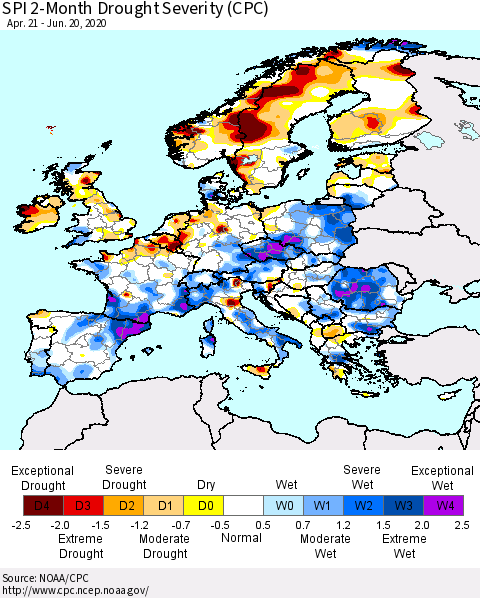 Europe SPI 2-Month Drought Severity (CPC) Thematic Map For 4/21/2020 - 6/20/2020