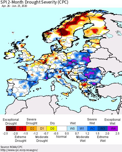 Europe SPI 2-Month Drought Severity (CPC) Thematic Map For 4/26/2020 - 6/25/2020