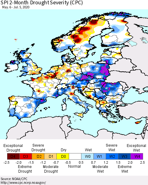 Europe SPI 2-Month Drought Severity (CPC) Thematic Map For 5/6/2020 - 7/5/2020
