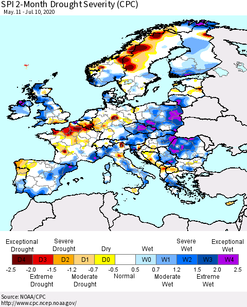 Europe SPI 2-Month Drought Severity (CPC) Thematic Map For 5/11/2020 - 7/10/2020