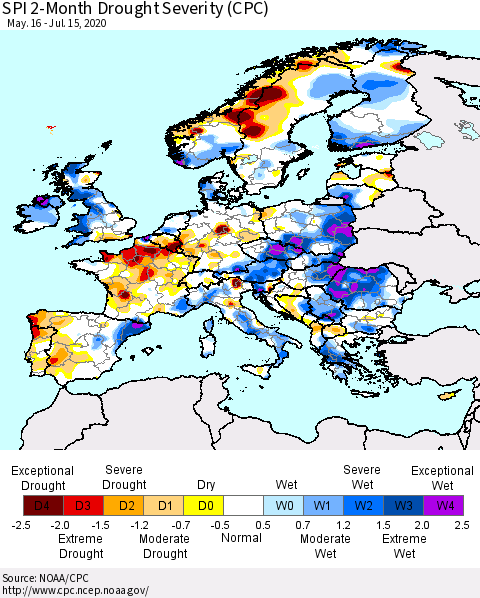 Europe SPI 2-Month Drought Severity (CPC) Thematic Map For 5/16/2020 - 7/15/2020