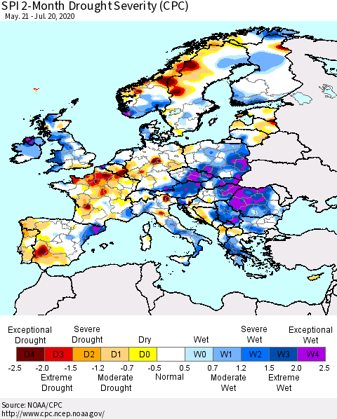 Europe SPI 2-Month Drought Severity (CPC) Thematic Map For 5/21/2020 - 7/20/2020