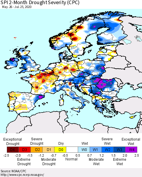 Europe SPI 2-Month Drought Severity (CPC) Thematic Map For 5/26/2020 - 7/25/2020