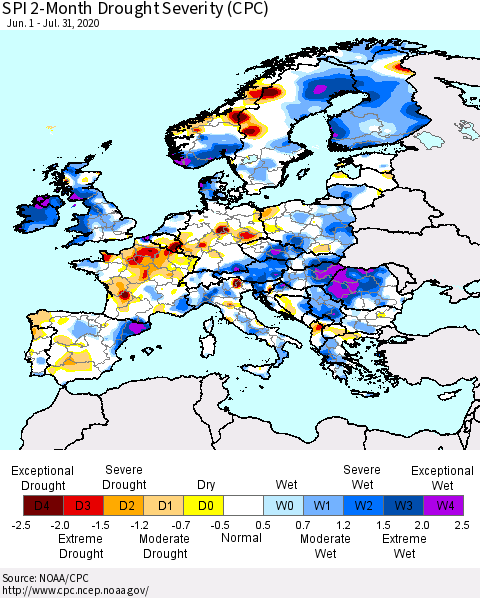 Europe SPI 2-Month Drought Severity (CPC) Thematic Map For 6/1/2020 - 7/31/2020