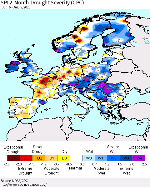 Europe SPI 2-Month Drought Severity (CPC) Thematic Map For 6/6/2020 - 8/5/2020