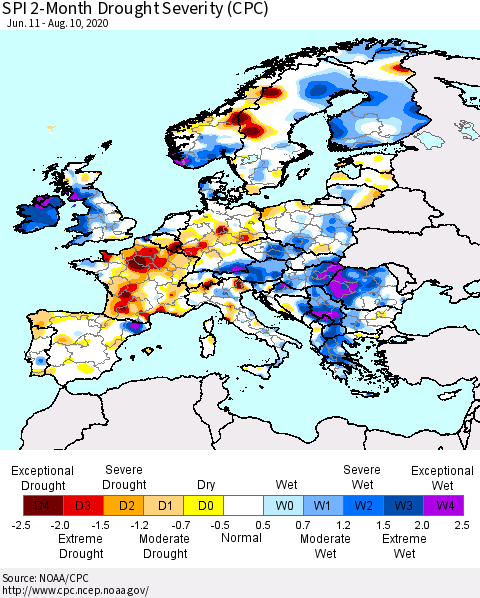 Europe SPI 2-Month Drought Severity (CPC) Thematic Map For 6/11/2020 - 8/10/2020